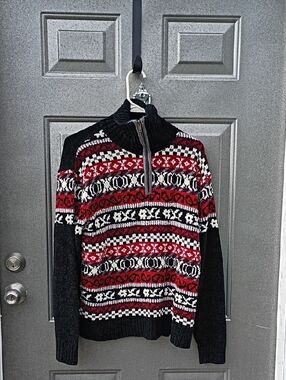 Erika Black, Red & White Fair Isle Zip-Up Sweater